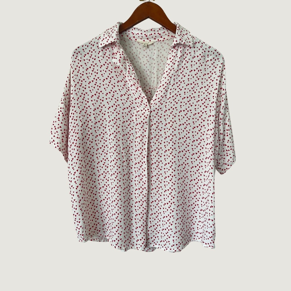 Sim & Sam Womens XL White Red Heart Print Button Back Short Sleeve boho Blouse